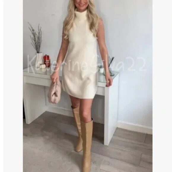Zara Turtle Neck Sleeveless Knit Sweater Dress Beige L - Picture 3 of 13